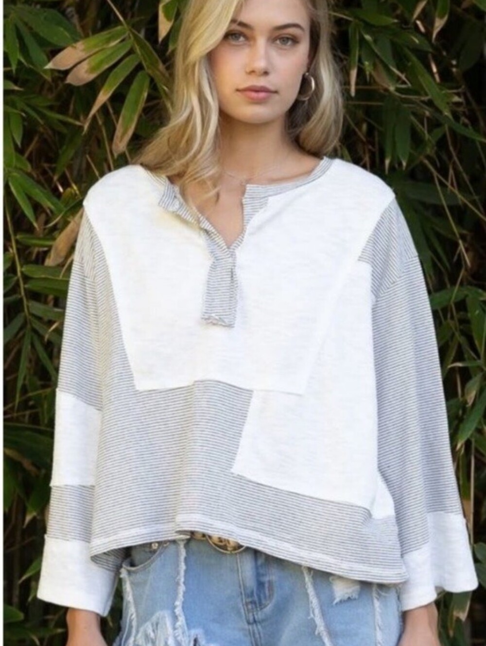 P.O.L Taking The Day Off Patch Striped Split V Neck Pullover Top  White Black S
